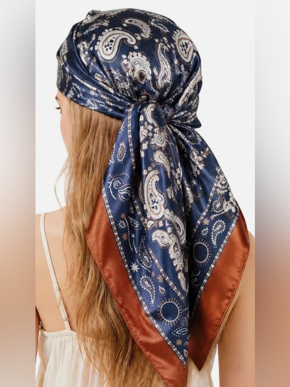 Silky Paisley Print Head Scarf - Navy & Rust